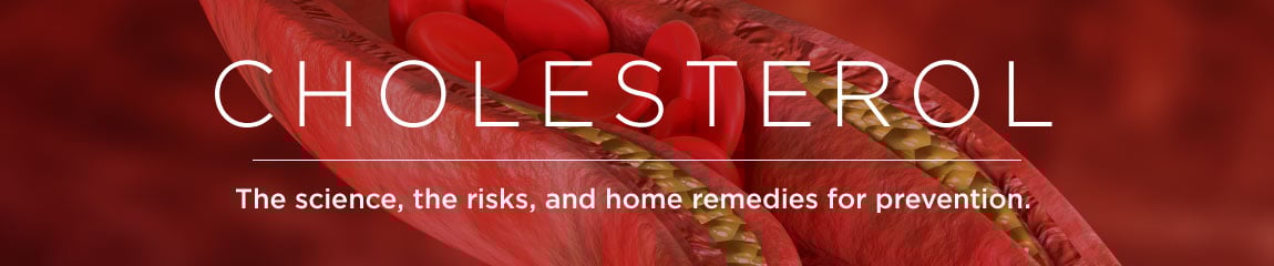 Illustration of a blood vessel showing cholesterol plaque buildup and red blood cells, used as a banner for information on cholesterol risks and home remedies.